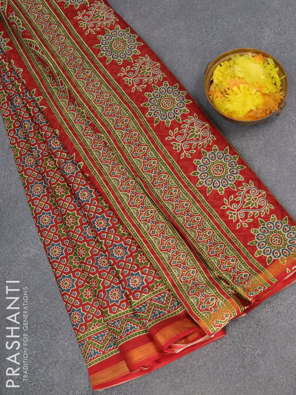 Mul cotton saree red with allover ajrakh prints and zari woven border