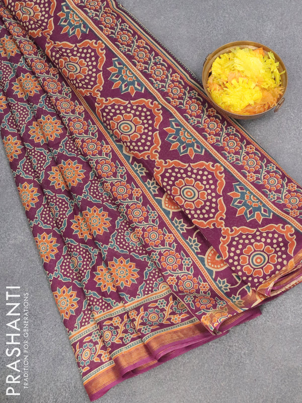 Mul cotton saree deep purple with allover ajrakh prints and zari woven border