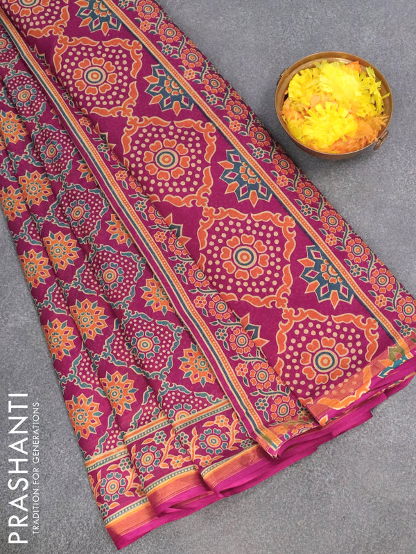 Mul cotton saree purple with allover ajrakh prints and zari woven border