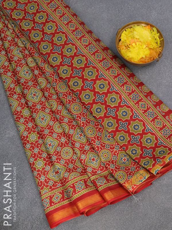 Mul cotton saree rustic red with allover ajrakh prints and zari woven border