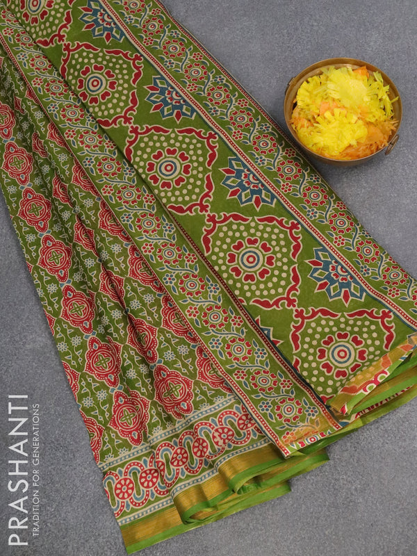 Mul cotton saree green with allover ajrakh prints and zari woven border