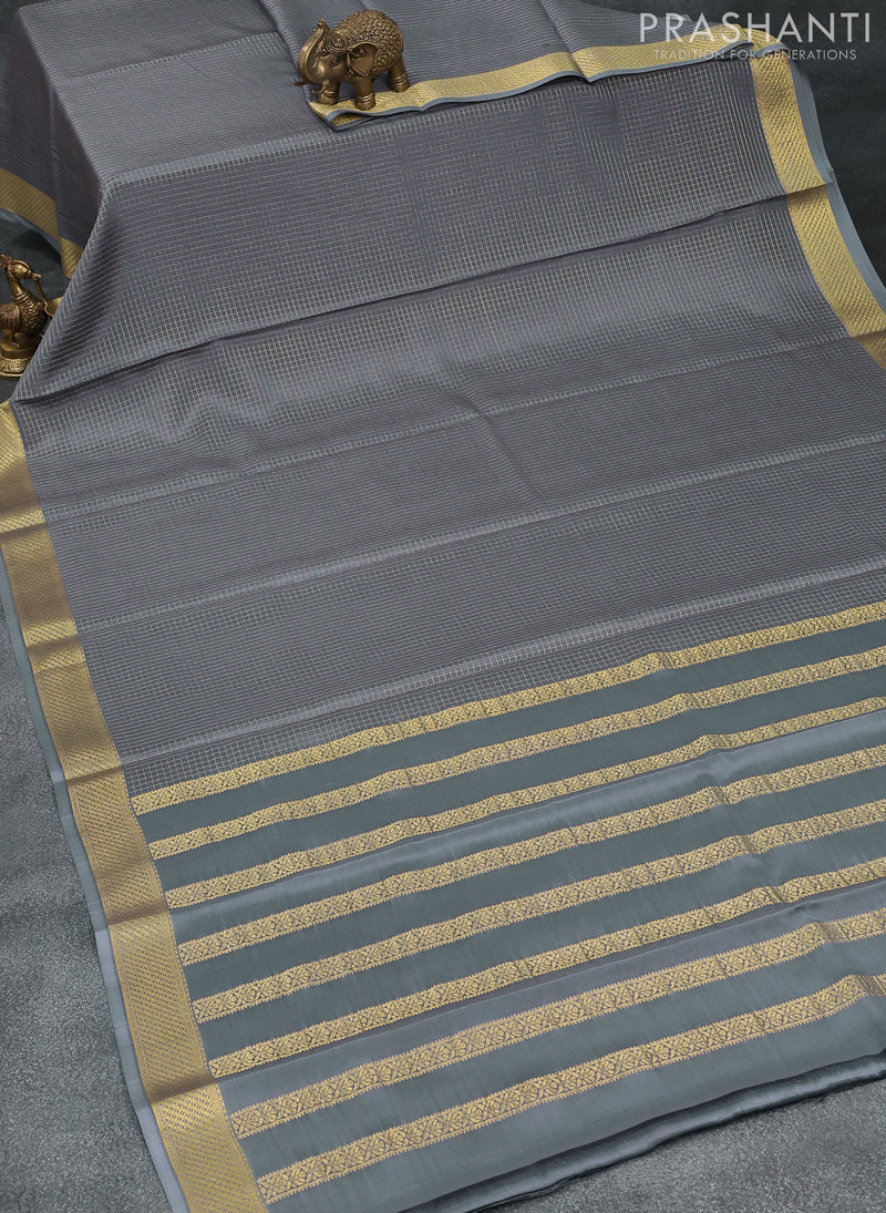 Pure mysore silk saree grey and  with allover small zari checked pattern and zari woven border