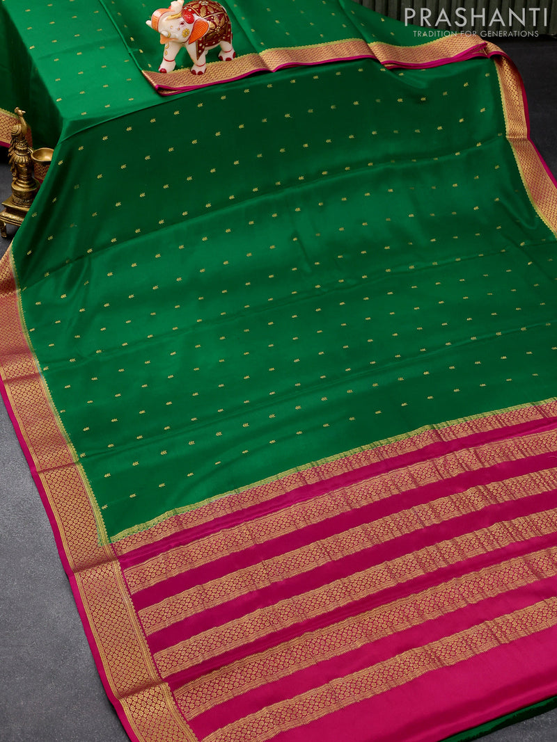 Pure mysore silk saree green and magenta pink with zari woven buttas and zari woven border