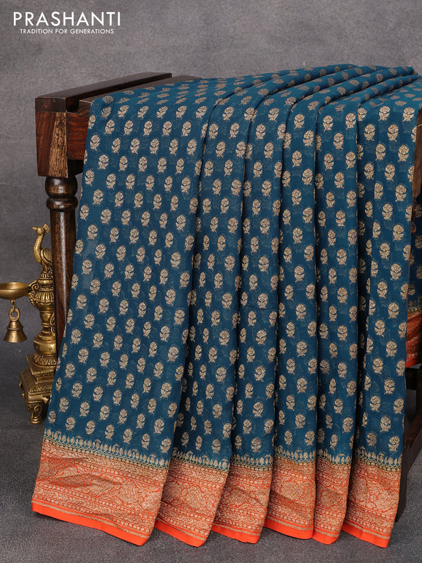 Pure banarasi georgette saree peacock blue and orange with allover thread & zari weaves and woven border