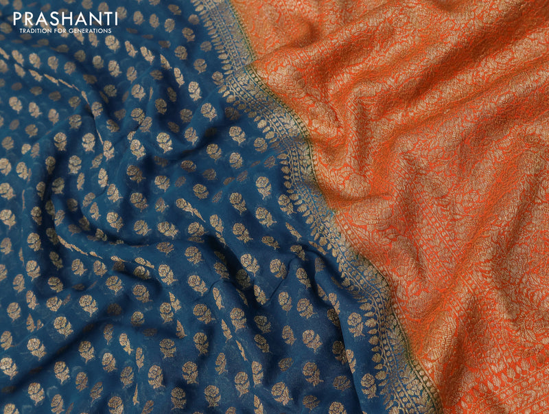 Pure banarasi georgette saree peacock blue and orange with allover thread & zari weaves and woven border