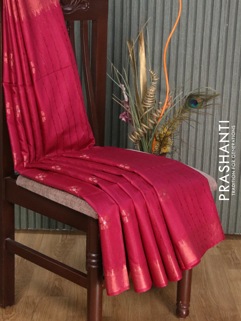 Semi tussar saree dark magenta with copper zari woven geometric buttas and copper zari woven border & kalamkari blouse