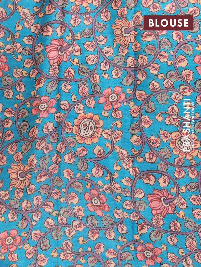 Semi tussar saree dark magenta with copper zari woven geometric buttas and copper zari woven border & kalamkari blouse