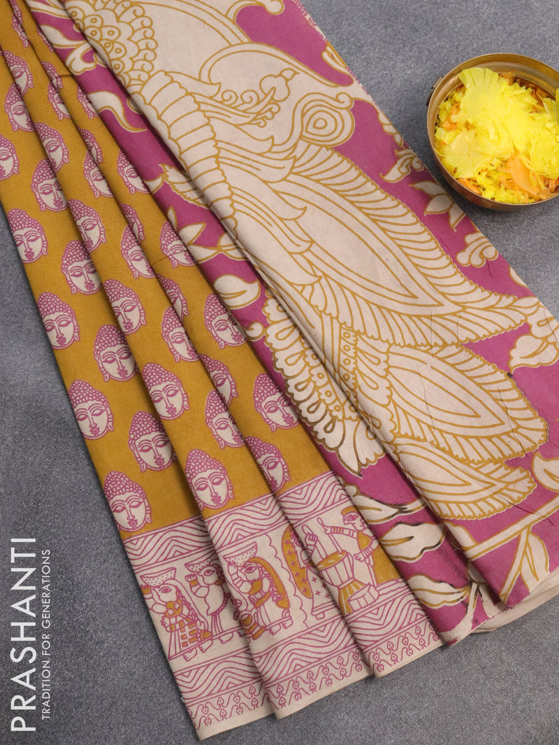 Kalamkari cotton saree mustard yellow and beige with allover buddha prints and printed border