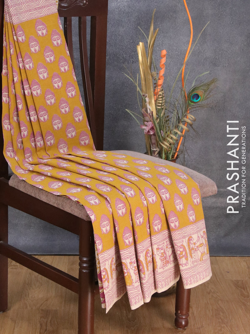 Kalamkari cotton saree mustard yellow and beige with allover buddha prints and printed border