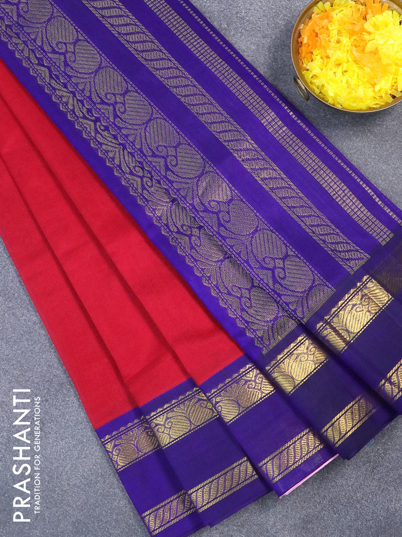 Silk cotton saree kum kum red and blue with plain body and rettapet zari woven korvai border