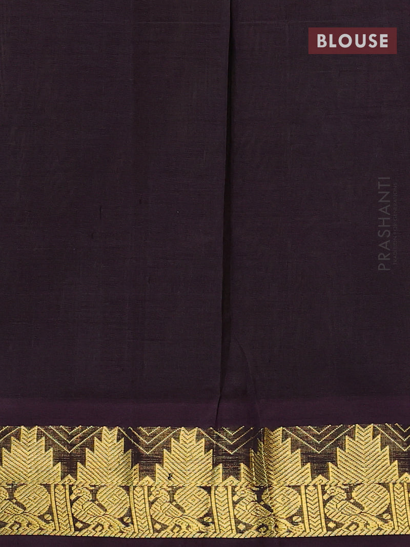 Silk cotton saree pale yellow and deep jamun shade with plain body and temple design zari woven border