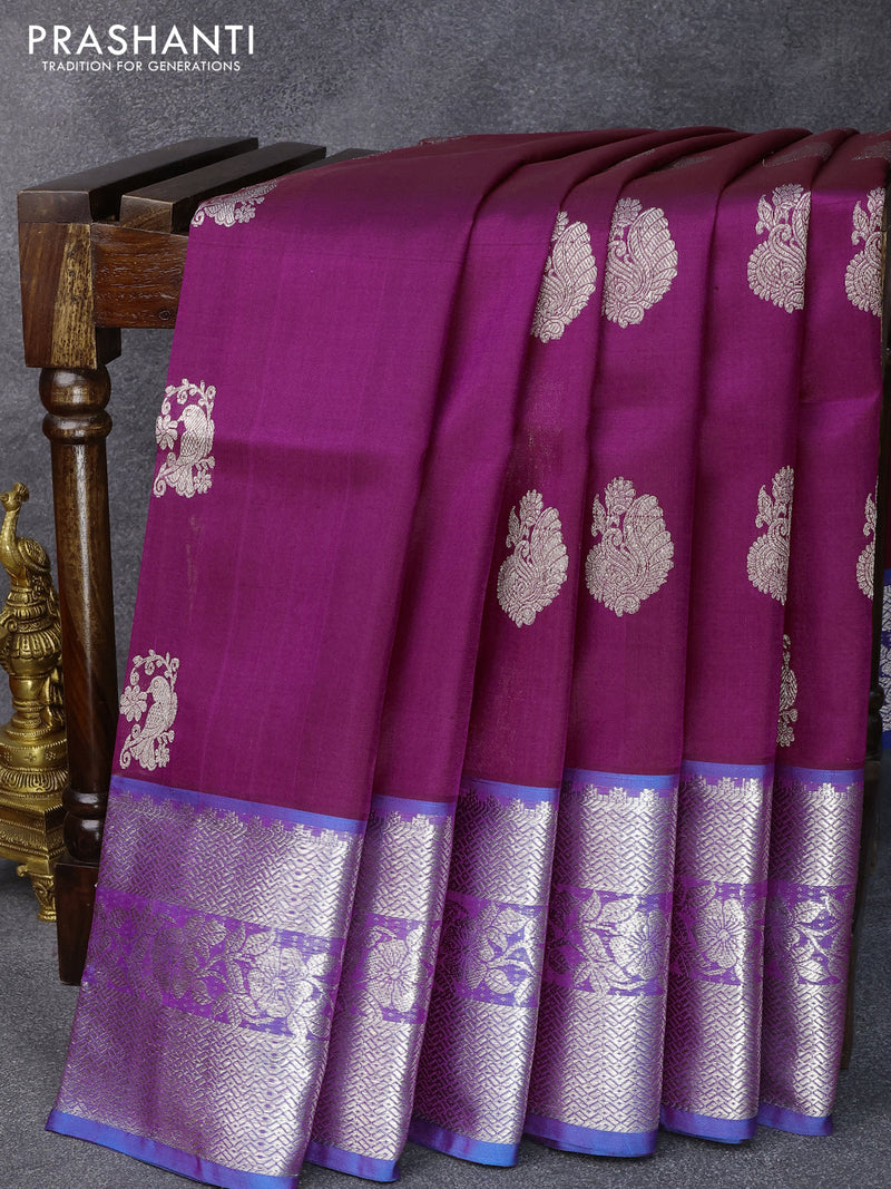 Venkatagiri silk saree dark magenta and blue with silver zari woven buttas and floral silver zari woven border