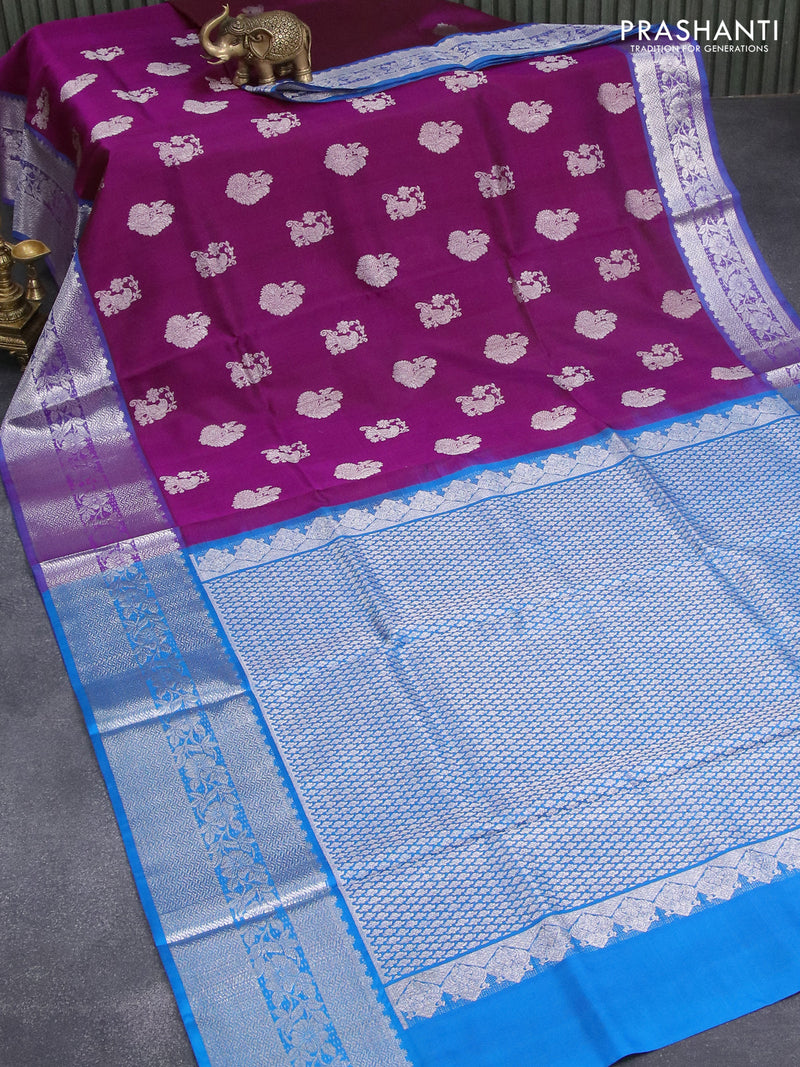 Venkatagiri silk saree dark magenta and blue with silver zari woven buttas and floral silver zari woven border