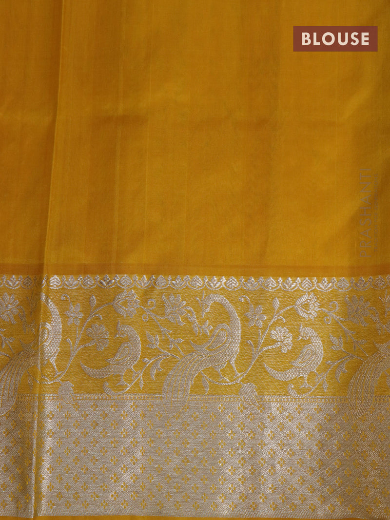 Venkatagiri silk saree green and mustard yellow with silver zari woven buttas and peacock silver zari woven border