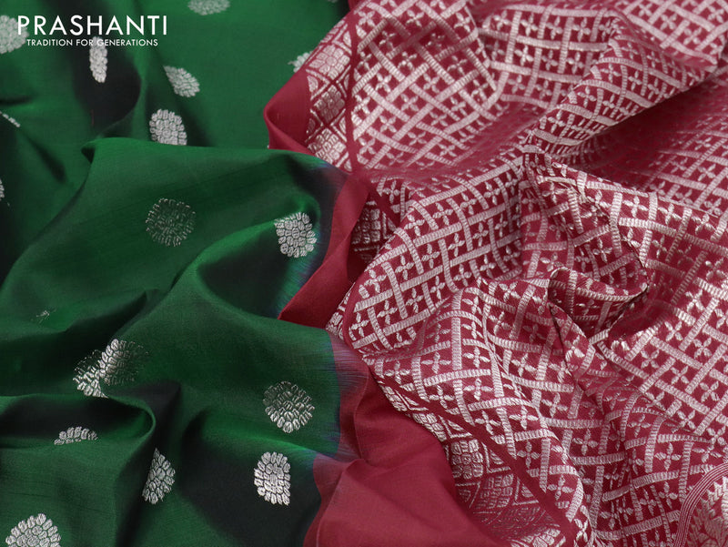 Venkatagiri silk saree bottle green and red with silver zari woven buttas and long floral design silver zari woven border