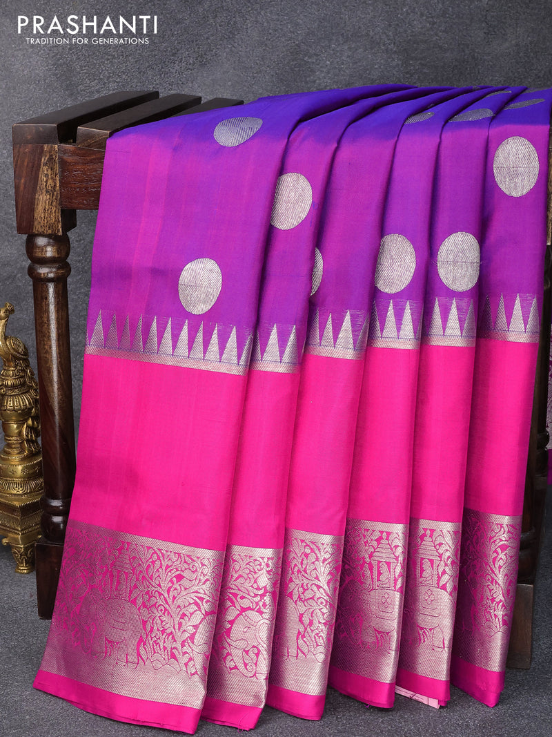 Venkatagiri silk saree purple and pink with silver zari woven coin buttas and long elephant design silver zari woven border