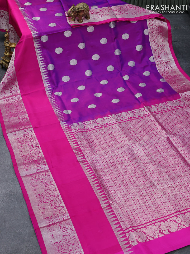 Venkatagiri silk saree purple and pink with silver zari woven coin buttas and long elephant design silver zari woven border