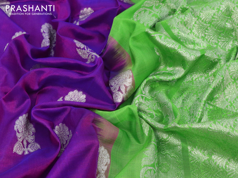 Venkatagiri silk saree purple and light green with silver zari woven floral buttas and silver zari woven border