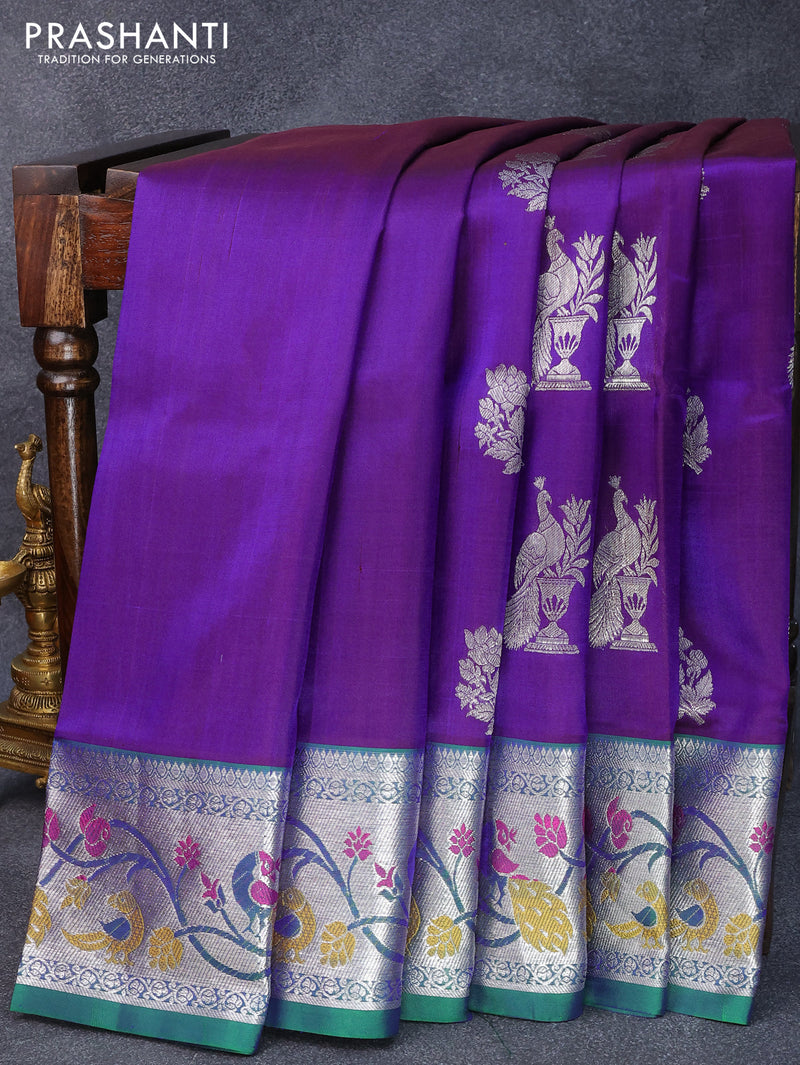 Venkatagiri silk saree blue and green with silver zari woven buttas and peacock design silver zari woven border
