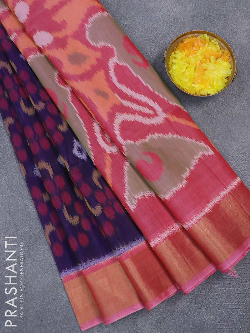 Ikat silk cotton saree blue and pink shade with allover ikat weaves and zari woven border