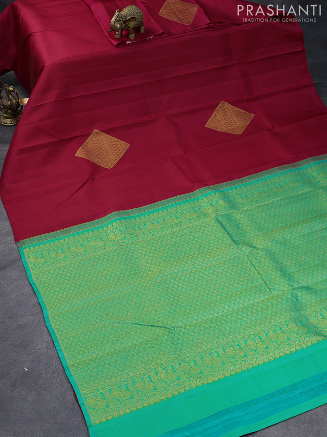 Pure kanjivaram silk saree dark pink and teal green with zari woven geometric buttas in borderless style