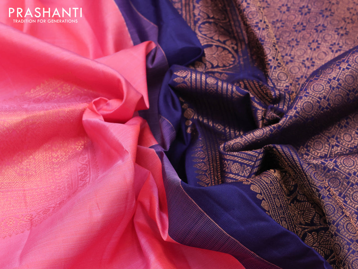 Pure kanjivaram silk saree peach pink and navy blue with zari woven geometric buttas in borderless style