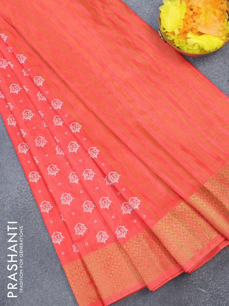 Semi tussar saree orange and  with allover butta prints and zari woven border