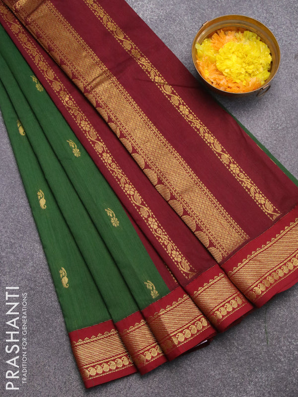 Kalyani cotton saree green and maroon with zari woven buttas and zari woven border