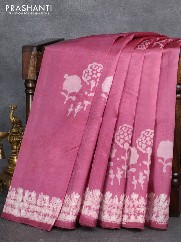 Printed silk saree dark magenta pink   with butta prints and printed border