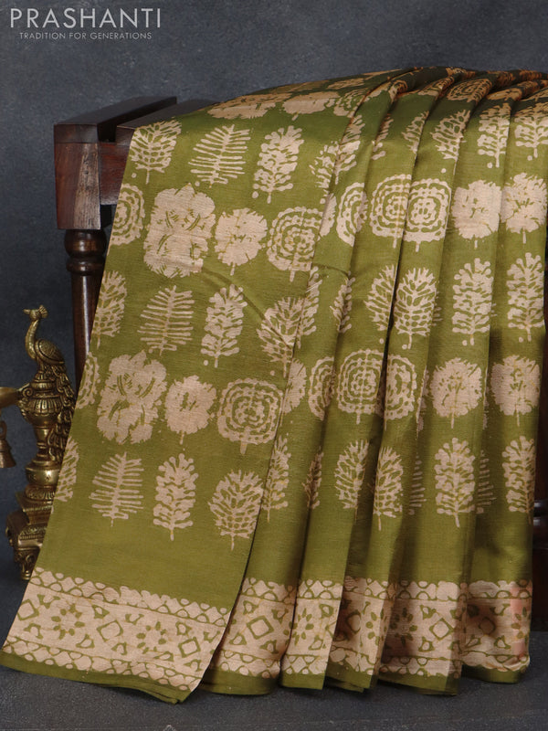 Printed silk saree mehendi green   with allover prints and printed border