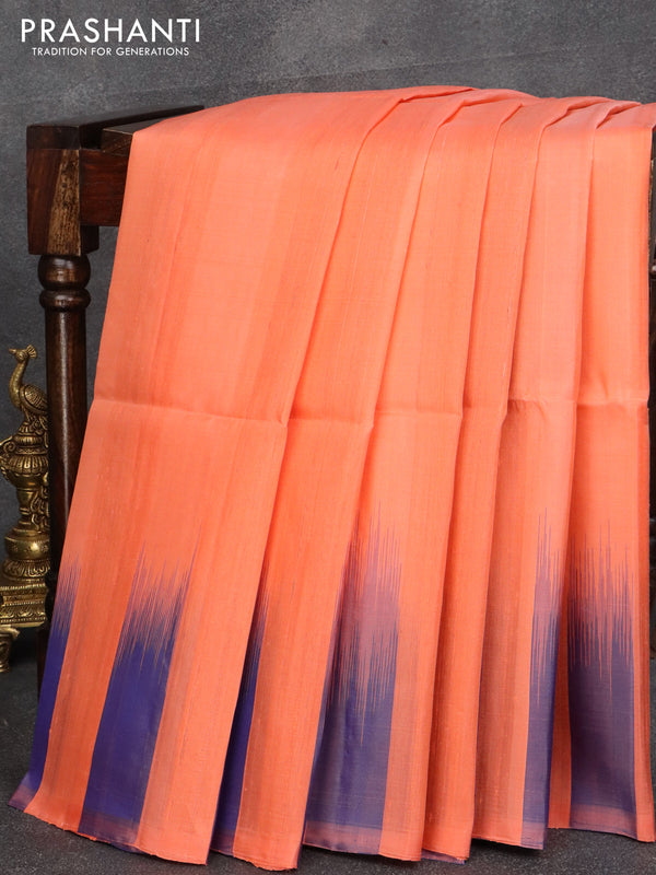 Jute silk saree peach orange and dual shade of blue with zari less style and temple woven border