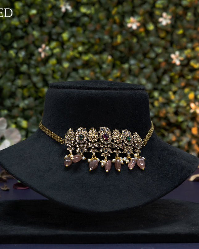 Choker with kemp & cz stones and beads hangings in victorian finish