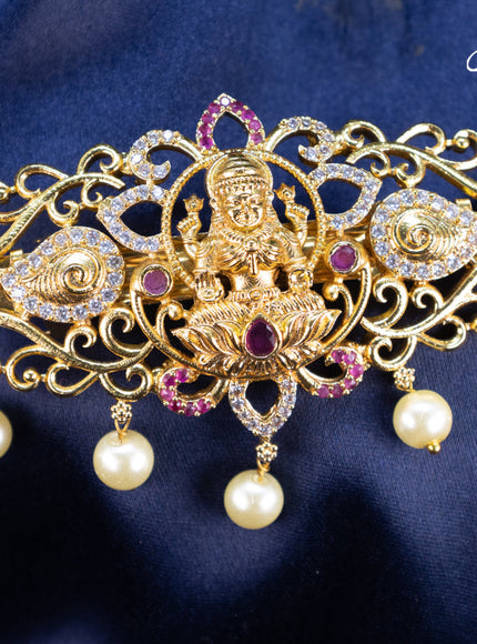 Antique hair clip small size lakshmi design with kemp & cz stones pearl hangings