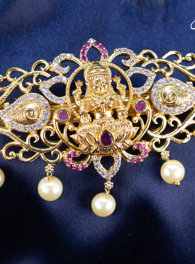 Antique hair clip small size lakshmi design with kemp & cz stones pearl hangings