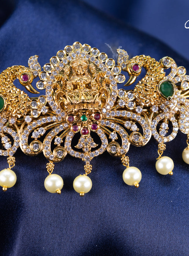 Antique hair clip medium size lakshmi & peacock design with kemp & cz stones and pearl hangings