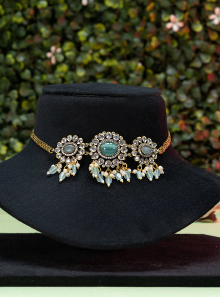 Choker floral design with mint green & cz stones and beads hangings in victorian finish