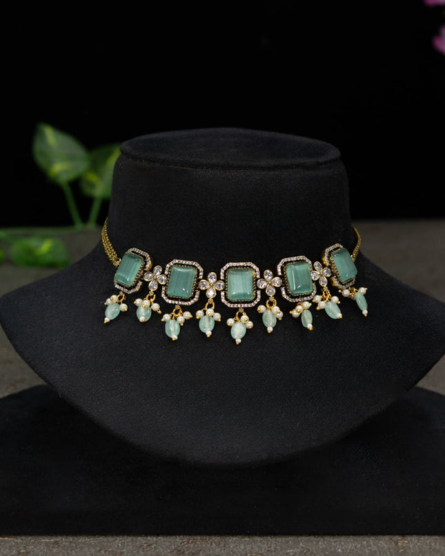 Choker with mint green & cz stones and beads hangings in victorian finish