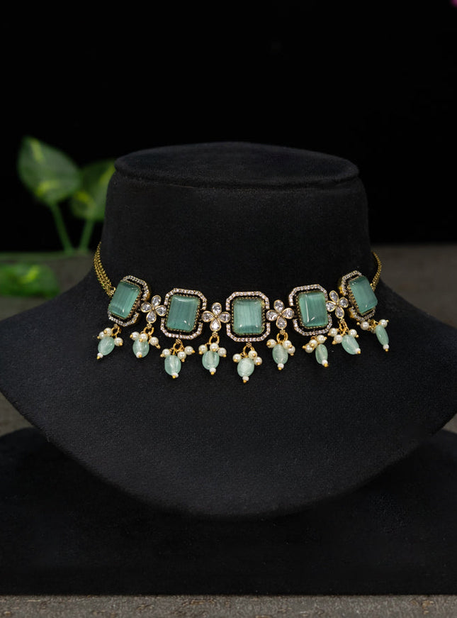 Choker with mint green & cz stones and beads hangings in victorian finish