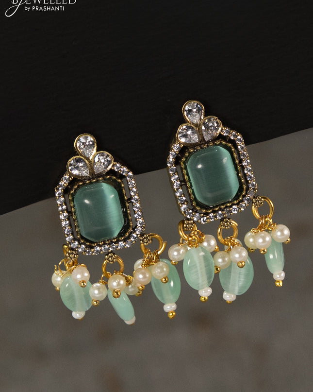 Choker with mint green & cz stones and beads hangings in victorian finish