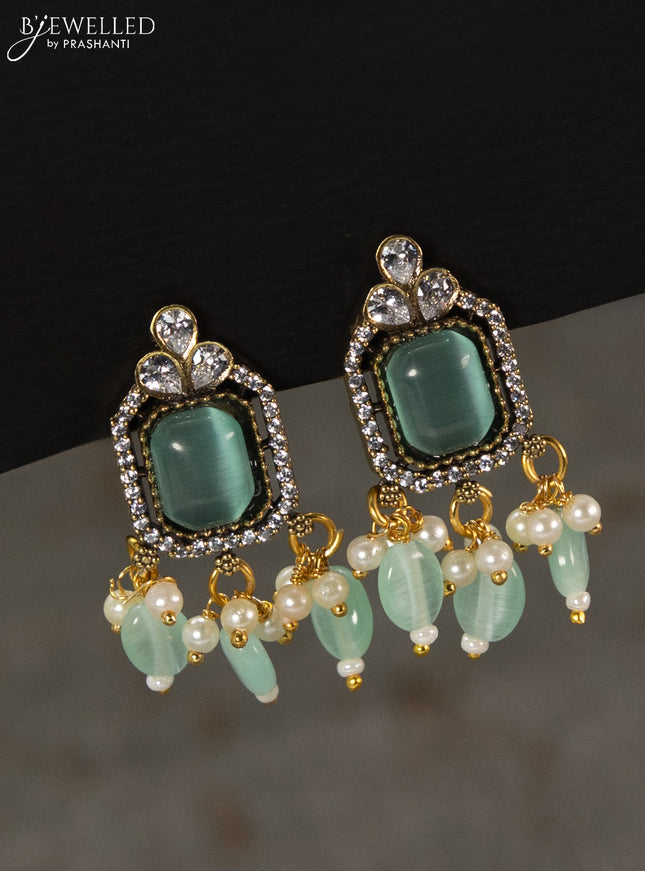 Choker with mint green & cz stones and beads hangings in victorian finish