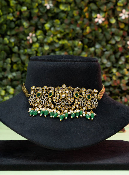 Choker peacock design with emerald & cz stones and beads hangings in victorian finish