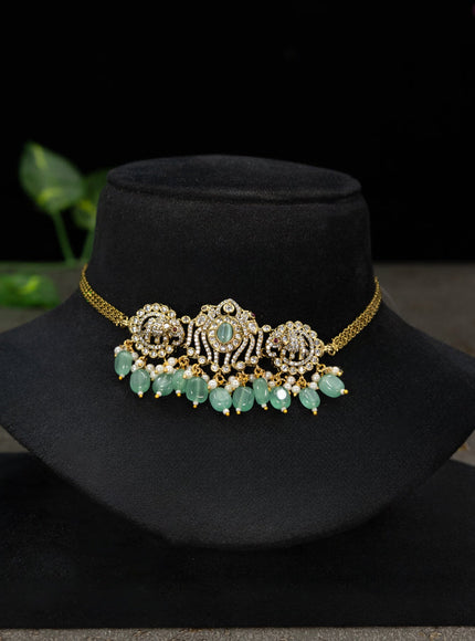 Choker elephant design with mint green & cz stones and beads hangings in victorian finish