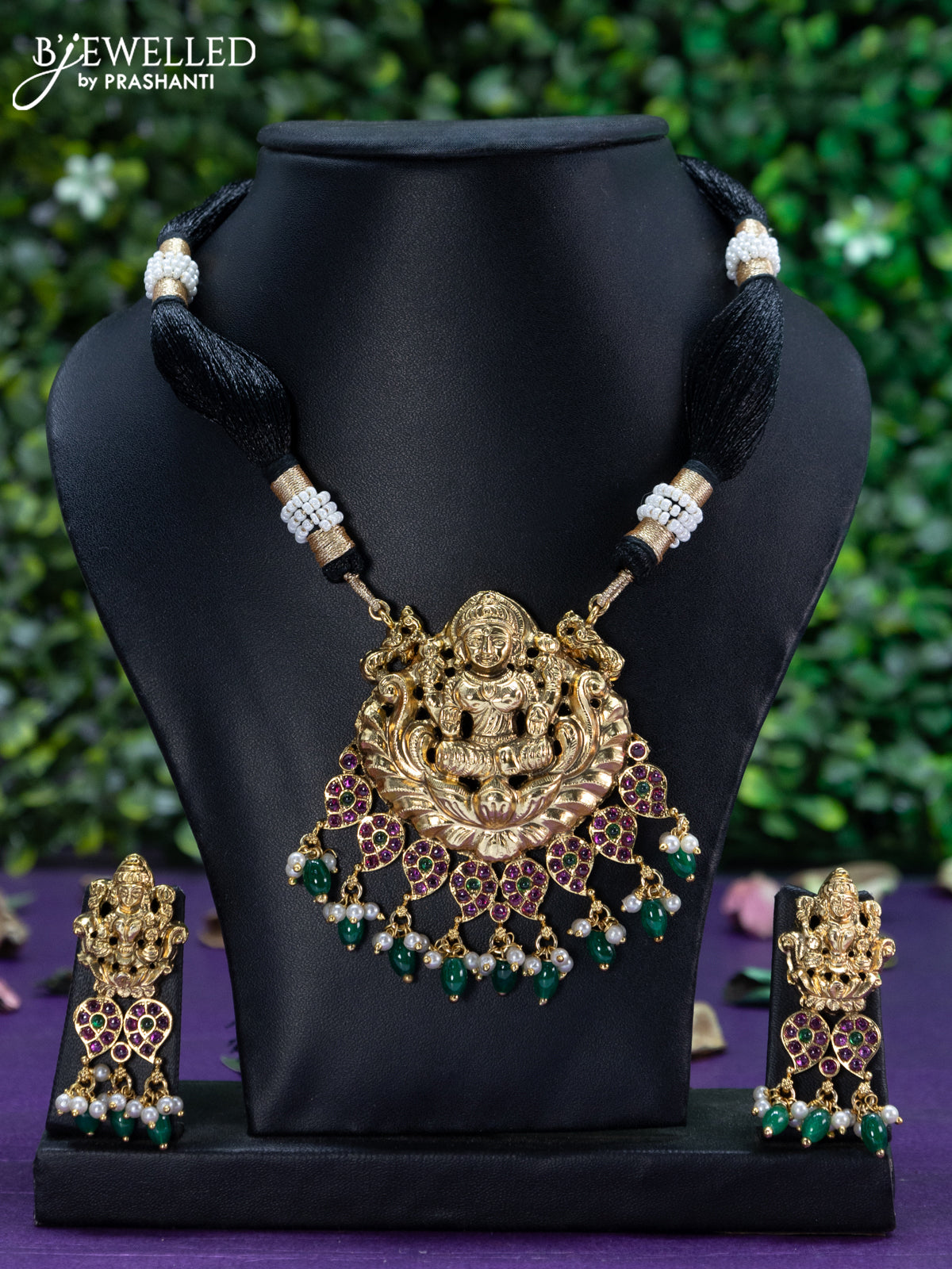 Lakshmi Pendant Thread Necklace Gold Black Thread Necklace