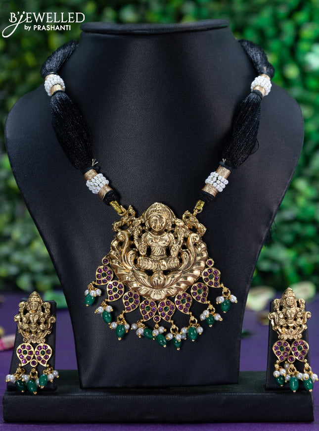 Black thread necklace kemp stones with lakshmi pendant and beads hangings