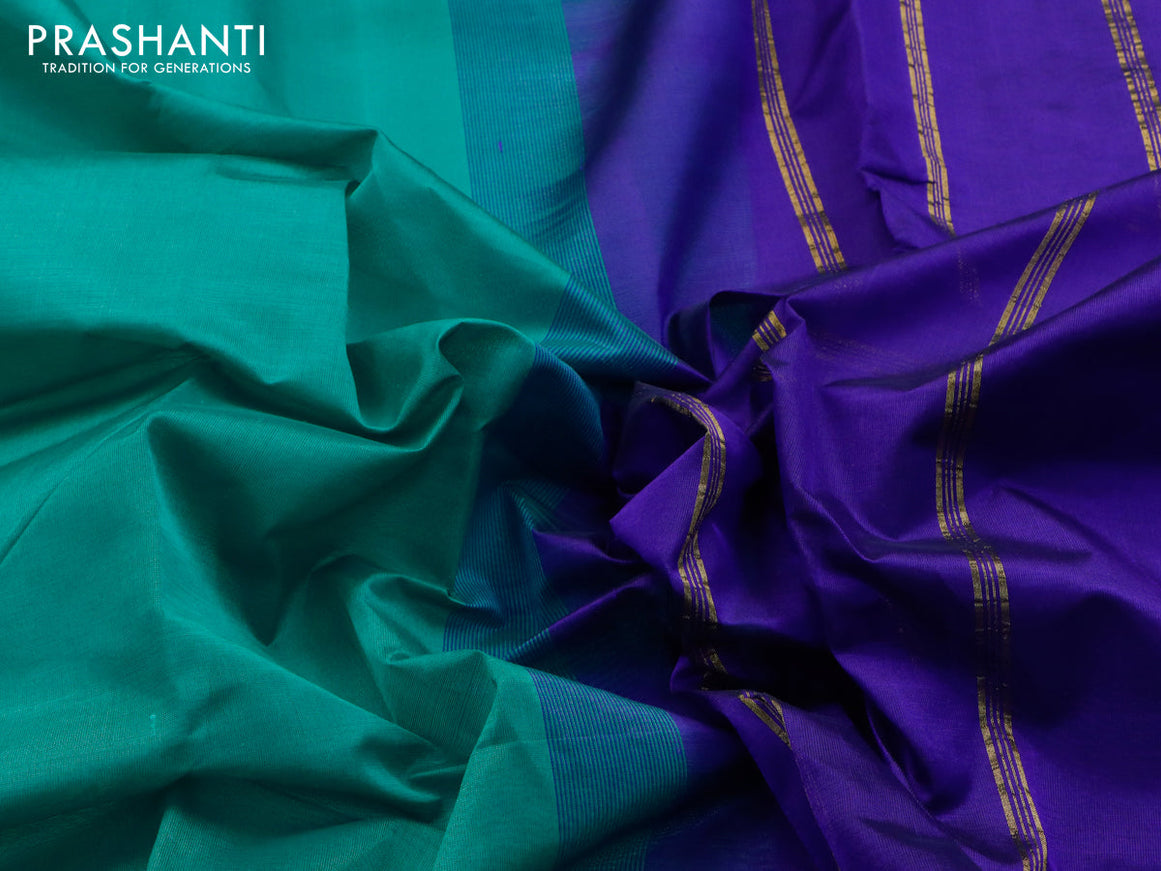 Silk cotton saree teal green and blue with plain body and small zari woven border