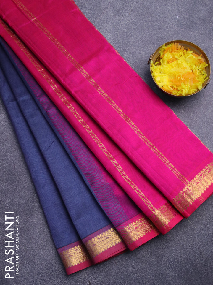 Silk cotton saree grey and pink with plain body and small zari woven border