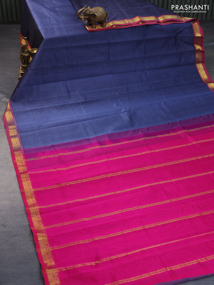 Silk cotton saree grey and pink with plain body and small zari woven border