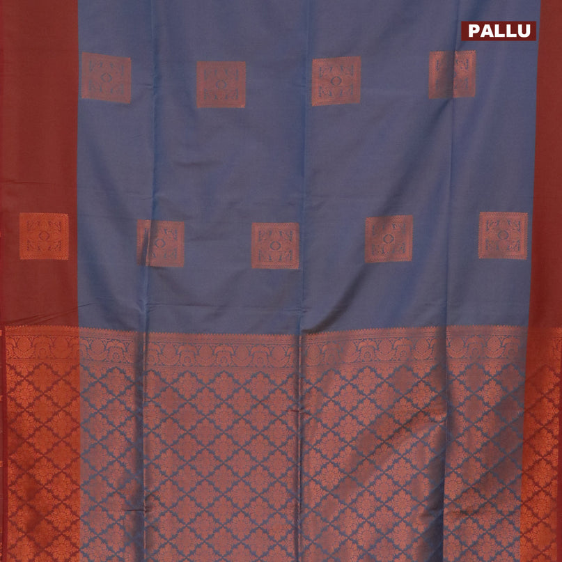 Semi soft silk saree dual shade of grey and maroon with copper zari woven box type buttas and simple border