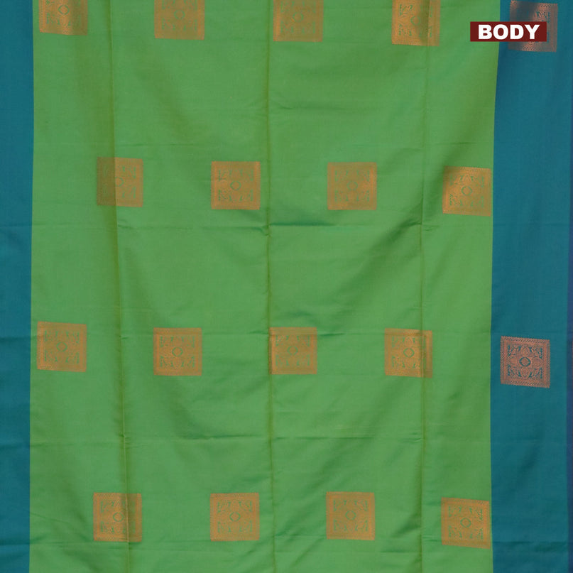 Semi soft silk saree light green and dual shade of bluish green with copper zari woven box type buttas and simple border