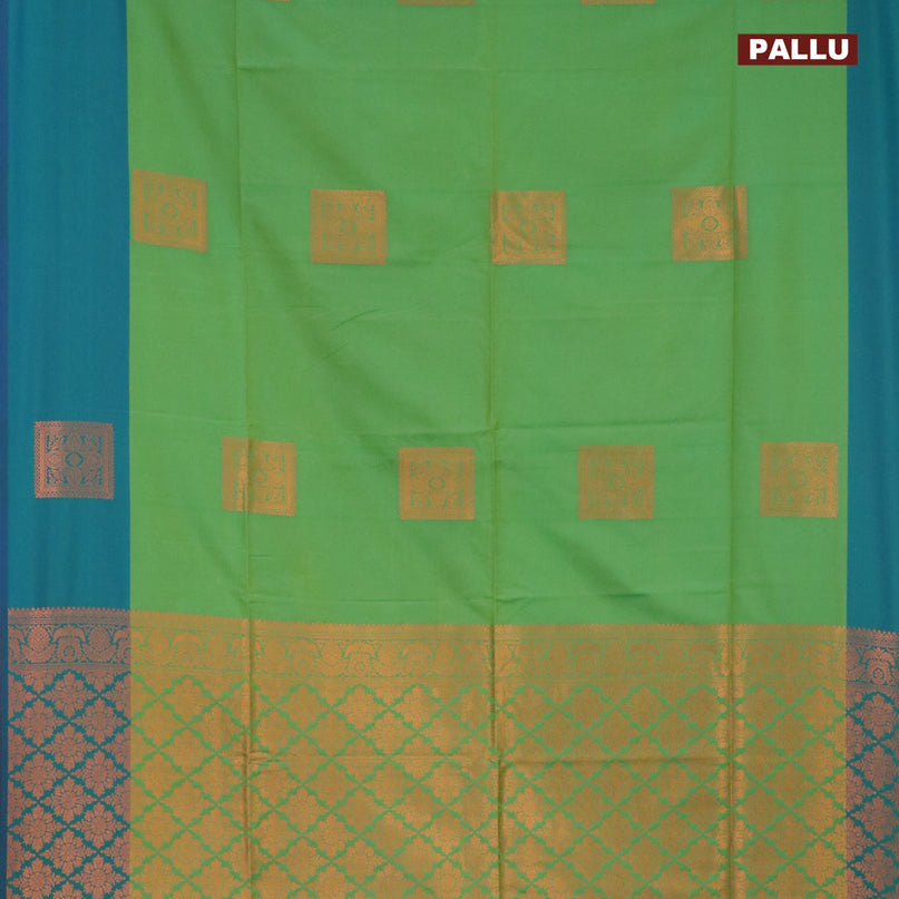 Semi soft silk saree light green and dual shade of bluish green with copper zari woven box type buttas and simple border